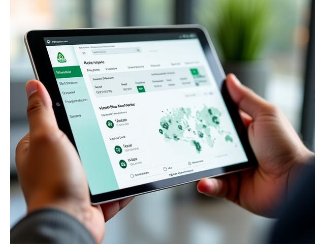 En forretningsperson som bruker en tablet til å vise et rent, mobilvennlig grensesnitt for en kundeportal som viser matvaredata og rapporter
