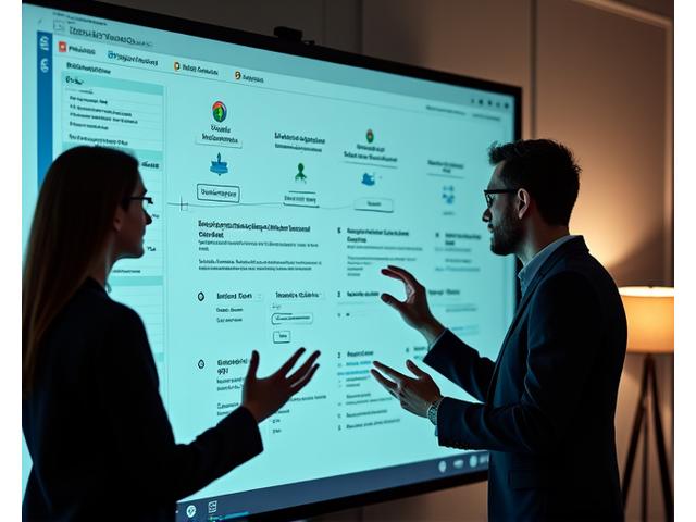 To forretningsfolk diskuterer tekniske diagrammer og datastrømmer på en stor skjerm, med fokus på systemintegrasjon og konsultasjon