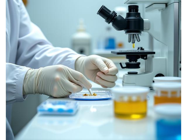 Nærstudie av en laboratorietekniker som utfører en mattrygghetstest, med sterile instrumenter og prøver i fokus