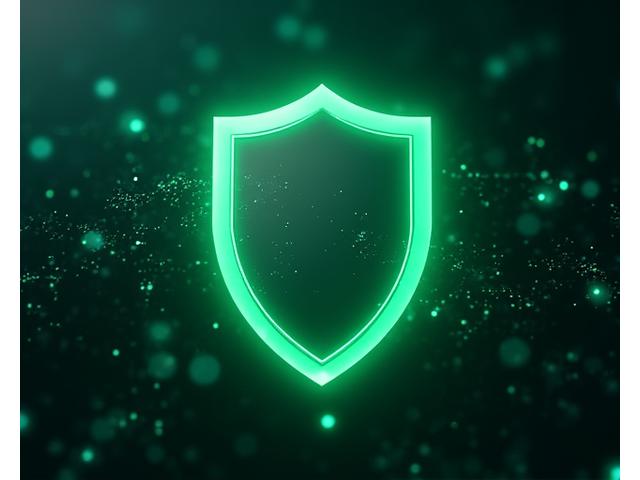 Et digitalt skjoldikon med en grønn hake på en abstrakt bakgrunn av binærkode og krystallklar data, symboliserer robust datasikkerhet og kryptering.